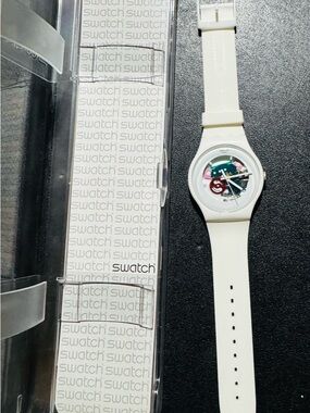 Swatch White Silicone Watch with Visible Multicolor Movement